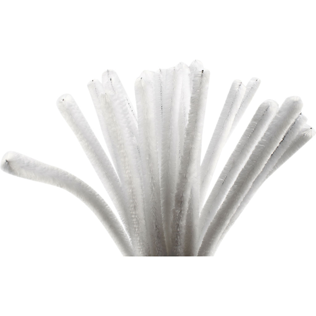 Chenille, L: 30 cm, tykkelse 9 mm, hvid, 25 stk./ 1 pk.