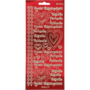Stickers, Hyvaa Ystävänpäivää, ark 10x23 cm, guld, transparent rød, 1 ark