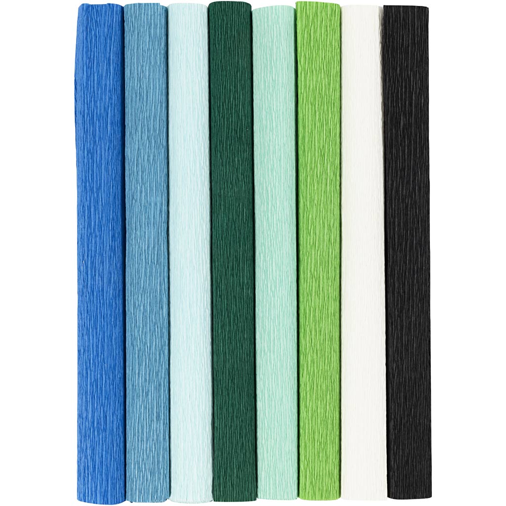 Crepepapir, ark 25x60 cm, Stræk/crepe: 180%, 105 g, blå/grøn harmoni, 8 ark/ 1 pk.