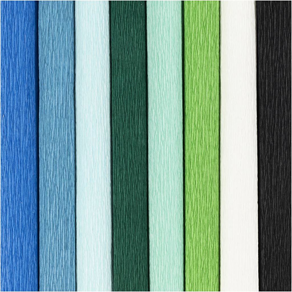 Crepepapir, ark 25x60 cm, Stræk/crepe: 180%, 105 g, blå/grøn harmoni, 8 ark/ 1 pk. - Image 4