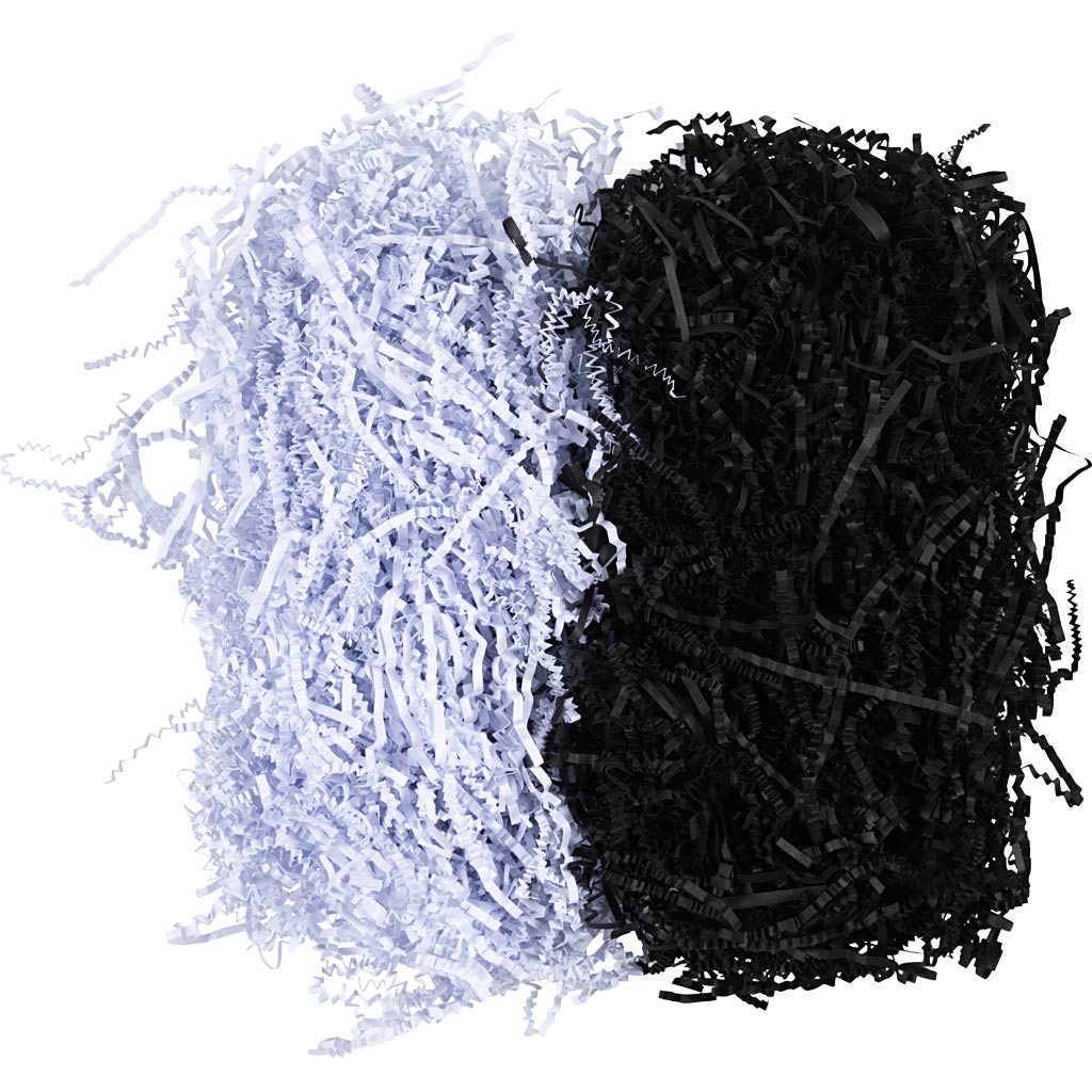 Krøllede Papirstrimler, L: 25-30 cm, B: 3 mm, sort, hvid, 2x50 g/ 1 pk.