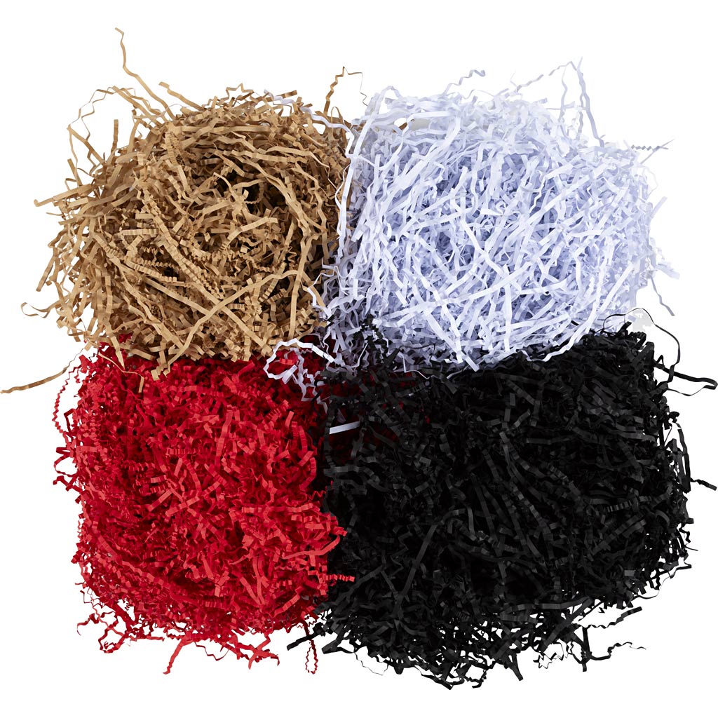 Krøllede Papirstrimler, L: 25-30 cm, B: 3 mm, sort, brun, rød, hvid, 4x50 g/ 1 pk.