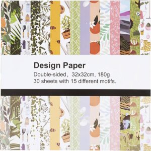 Designpapir, dobb.sidet, m. print, 15 design, ark 32x32 cm, 180 g, 30 ark/ 1 pk.