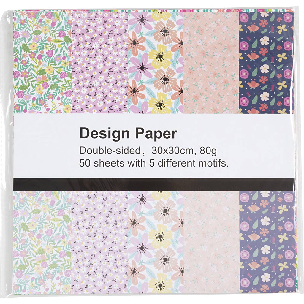Designpapir, ark 30x30 cm, blomster, 80 g, 50 ark/ 1 pk. - Image 2