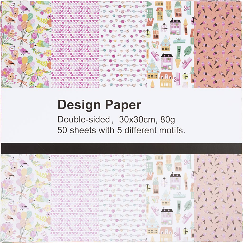 Designpapir, ark 30x30 cm, mønster, 80 g, 50 ark/ 1 pk.