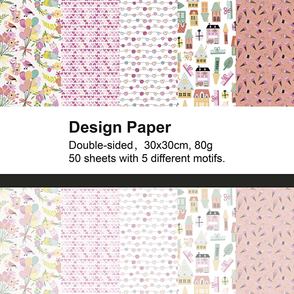 Designpapir, ass. tryk, ark 30x30 cm, 80 g, 50 ark/ 1 pk.