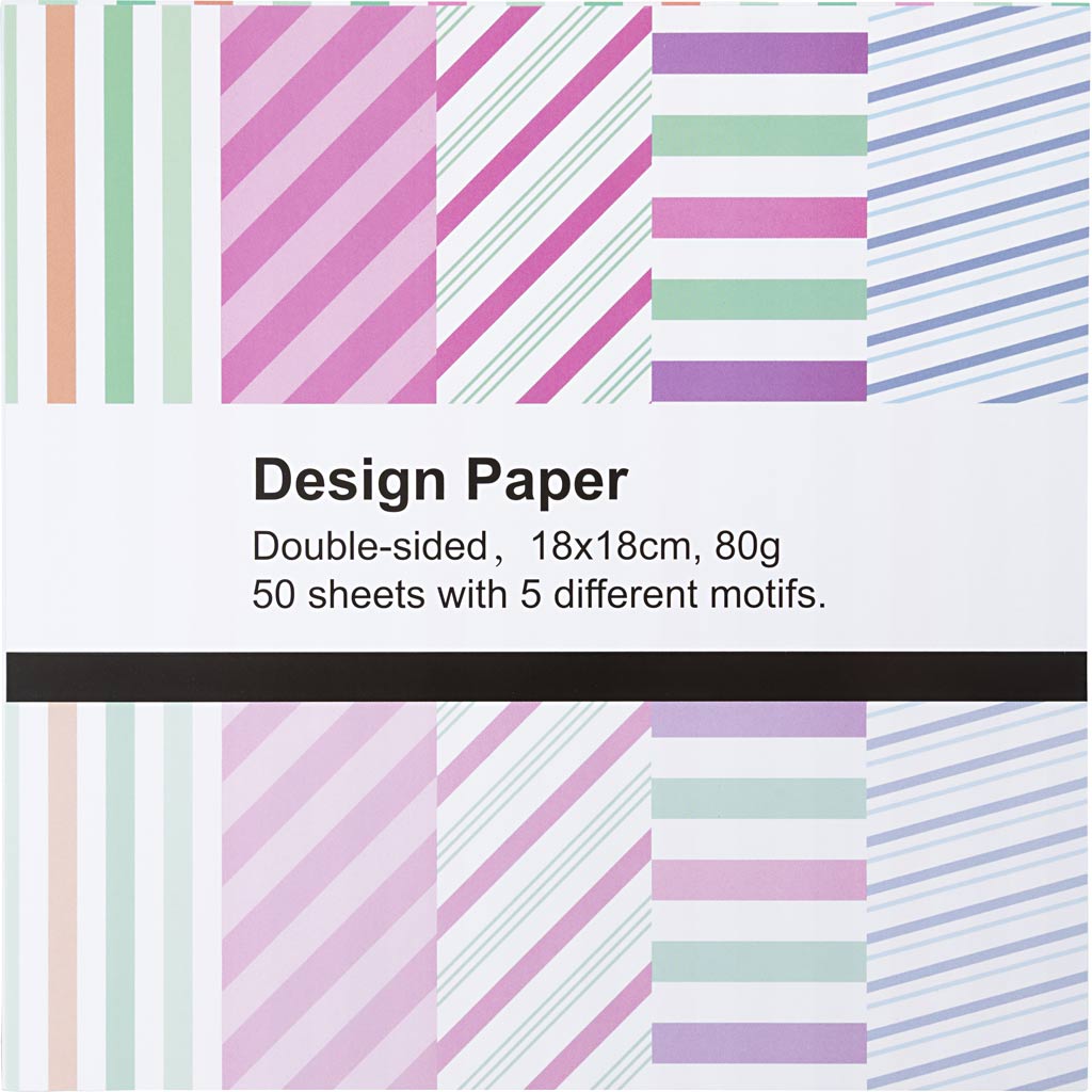 Designpapir, ark 18x18 cm, stribet, 80 g, 50 ark/ 1 pk.