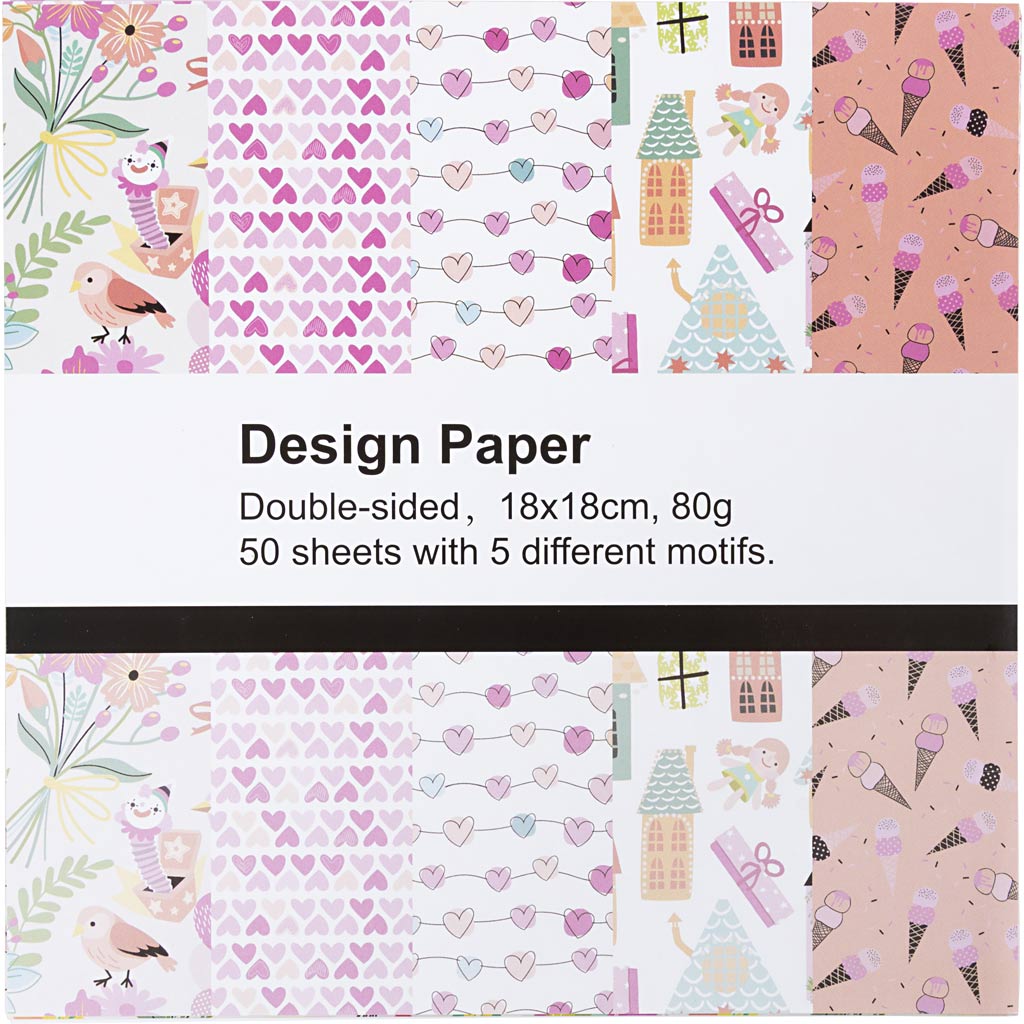 Designpapir, ark 18x18 cm, mønster, 80 g, 50 ark/ 1 pk.