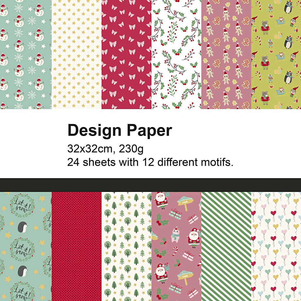 Designpapir, juledesign 2, ark 32x32 cm, 230 g, 24 ark/ 1 pk.