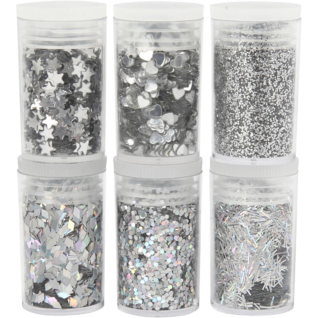 Bio-glimmer & Pailletter, sølv, 6x7 ml/ 1 pk.