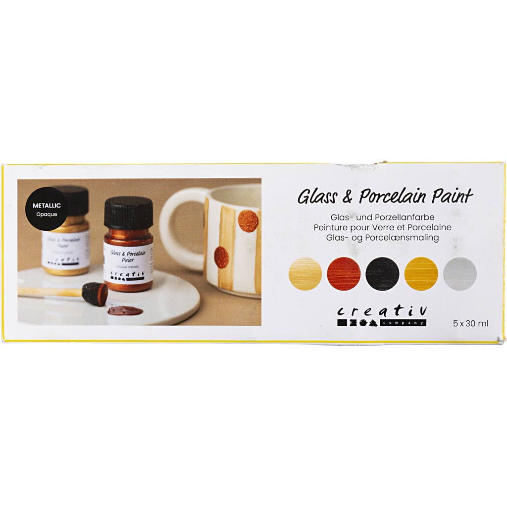 Glas- og Porcelænsmaling, metallic, dækkende, metallicfarver, 5x30 ml/ 1 pk.
