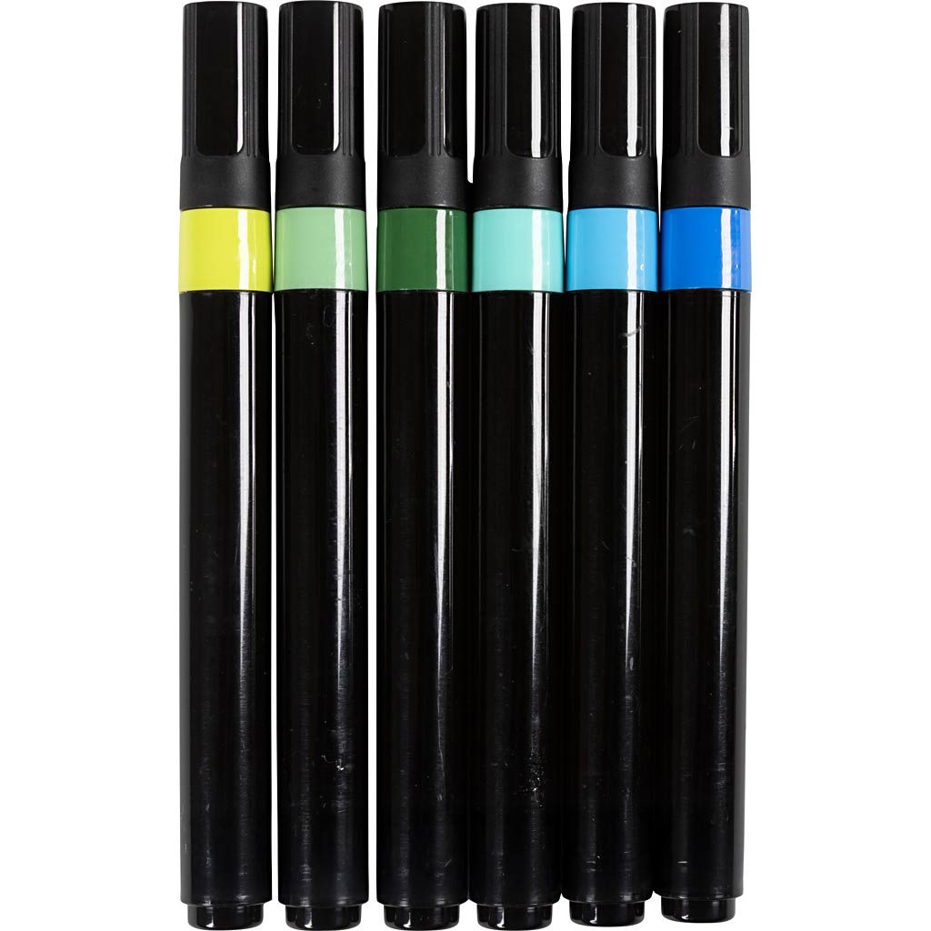 Glas- og Porcelænstusch, streg 1-3 mm, halvdækkende, blå, grøn, 6 stk./ 1 pk.