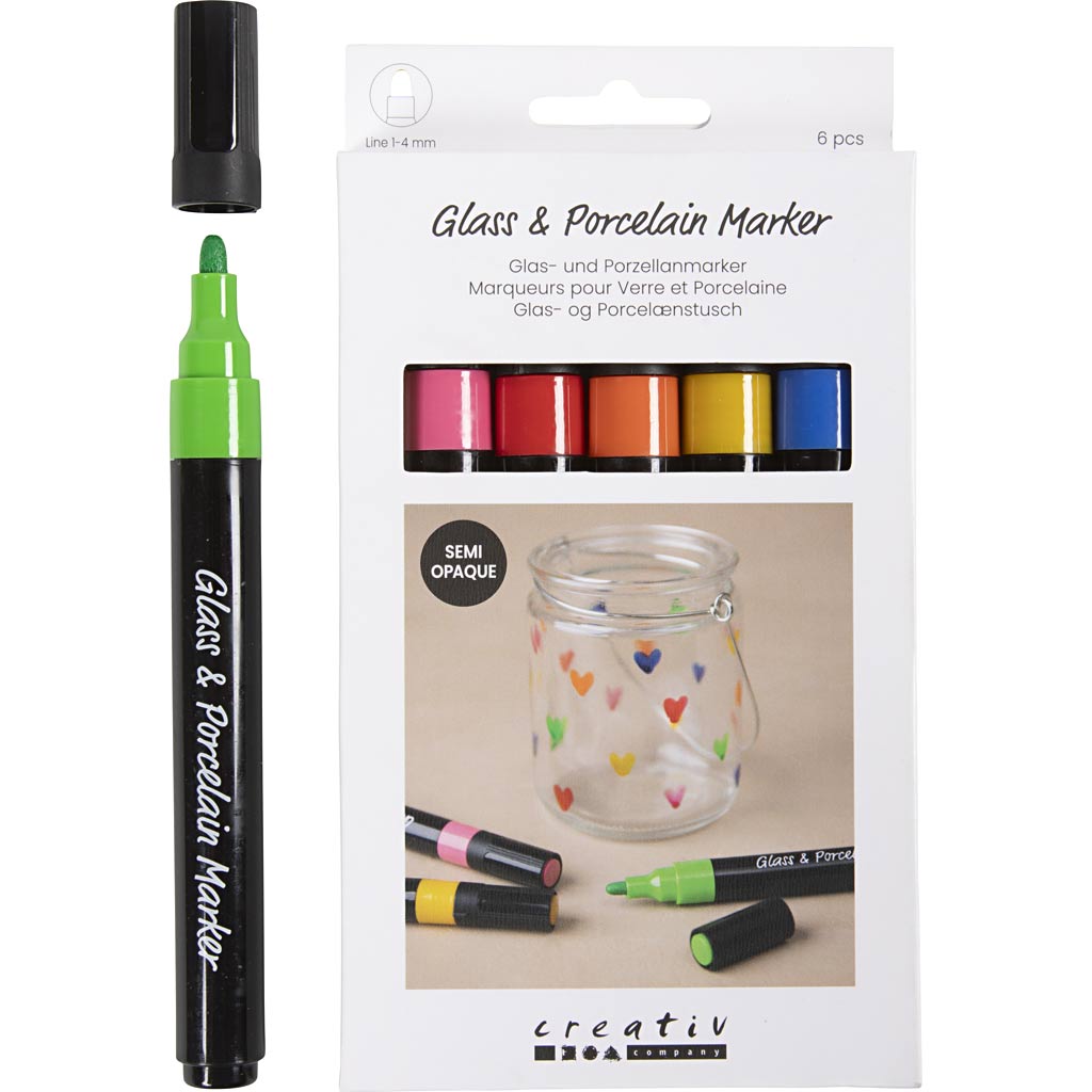 Glas- og Porcelænstusch, streg 1-4 mm, halvdækkende, colorful, 6 stk./ 1 pk.