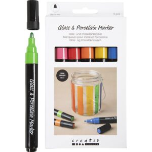 Glas- og Porcelænstusch, glitter, streg 1-4 mm, halvdækkende, glitterfarver, 6 stk./ 1 pk.