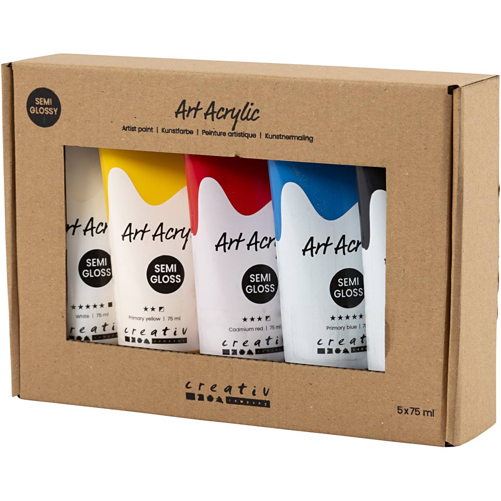 Art Akrylmaling, Grundfarver, halvblank, ass. farver, 5x75 ml/ 1 pk. - Image 6