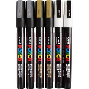 Posca Tusch, nr. PC-3M, streg 0,9-1,3 mm, fine, guld, sølv, hvid, 6 ass./ 1 pk.