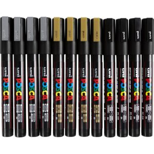 Posca Tusch, nr. PC-3M, streg 0,9-1,3 mm, fine, sort, guld, sølv, 12 ass./ 1 pk.
