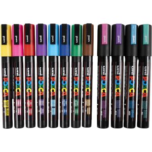 Posca Tusch, nr. PC-5M + PC-3M, streg 0,9-1,3 + 2,5 mm, ass. farver, 12 ass./ 1 pk.
