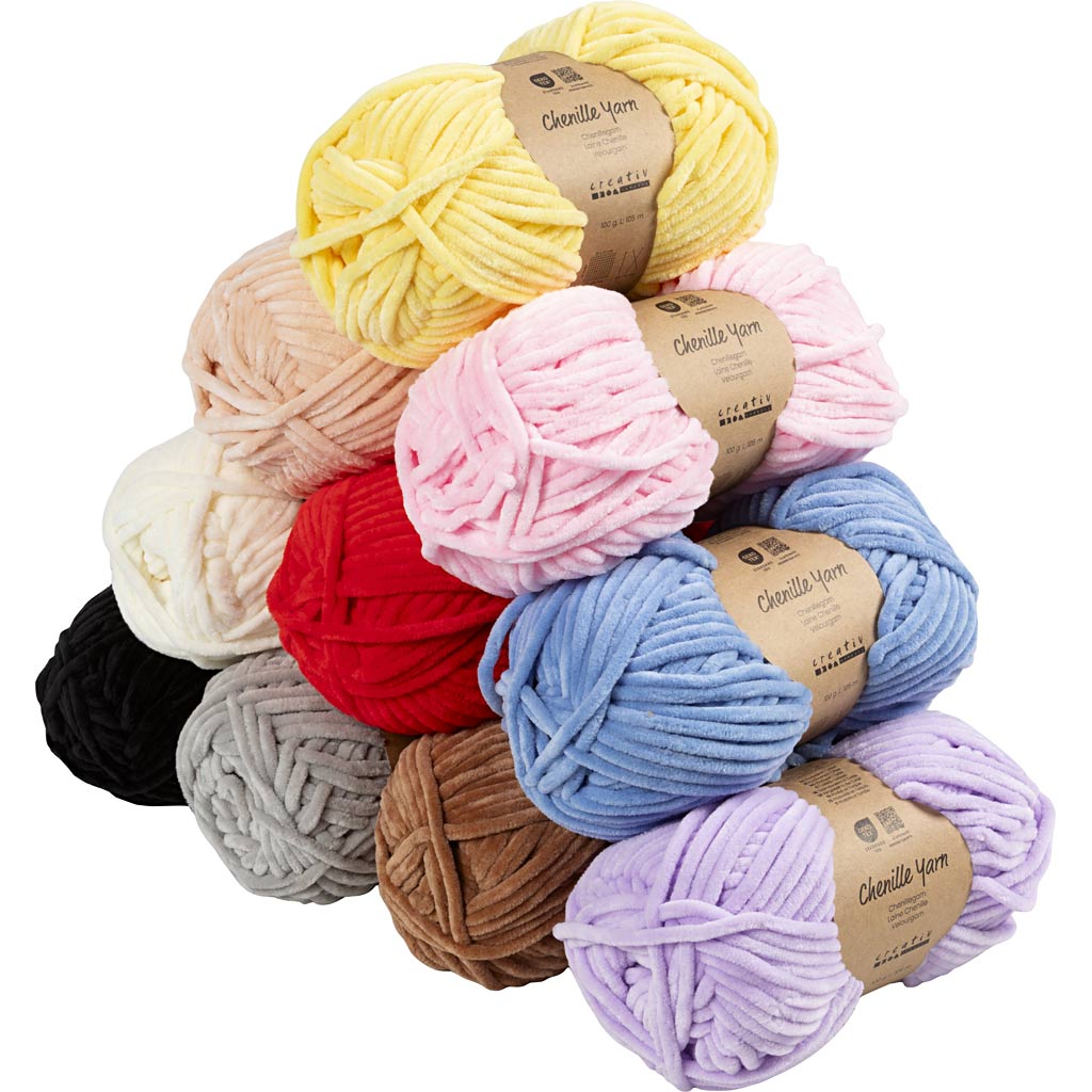 Velourgarn, L: 10x105 m, pind 5-6, ass. farver, 10x100 g/ 1 pk.