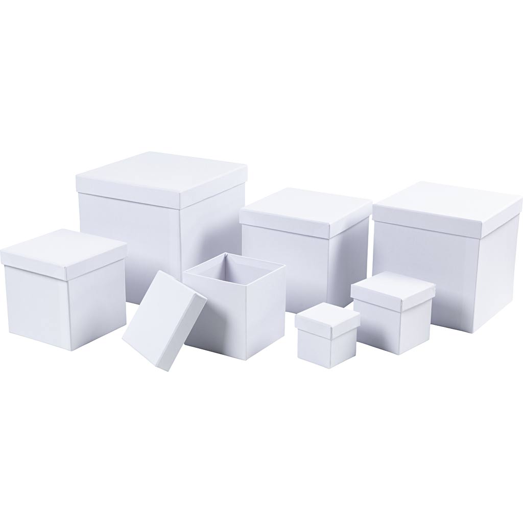 Æsker, firkantede, str. 7,5x7,5x7,5 + 10x10x10 + 13x13x13 + 15x15x15 + 18x18x18 + 20x20x20 + 23x23x23 cm, hvid, 7 stk./ 1 sæt - Image 4