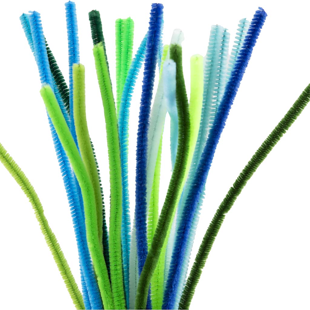 Chenille, L: 30 cm, tykkelse 6 mm, grøn/turkis harmoni, 25 stk./ 1 pk.