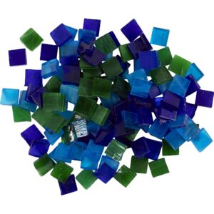 Glasmosaik, transparent, klare farver, str. 10x10 mm, tykkelse 3 mm, blå, lyseblå, grøn, 454 g/ 1 pk.