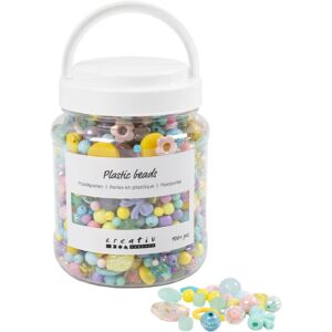 Plastperler, diam. 5-35 mm, hulstr. 1-8 mm, ca. 900 stk., ass. farver, 700 ml/ 1 ds.