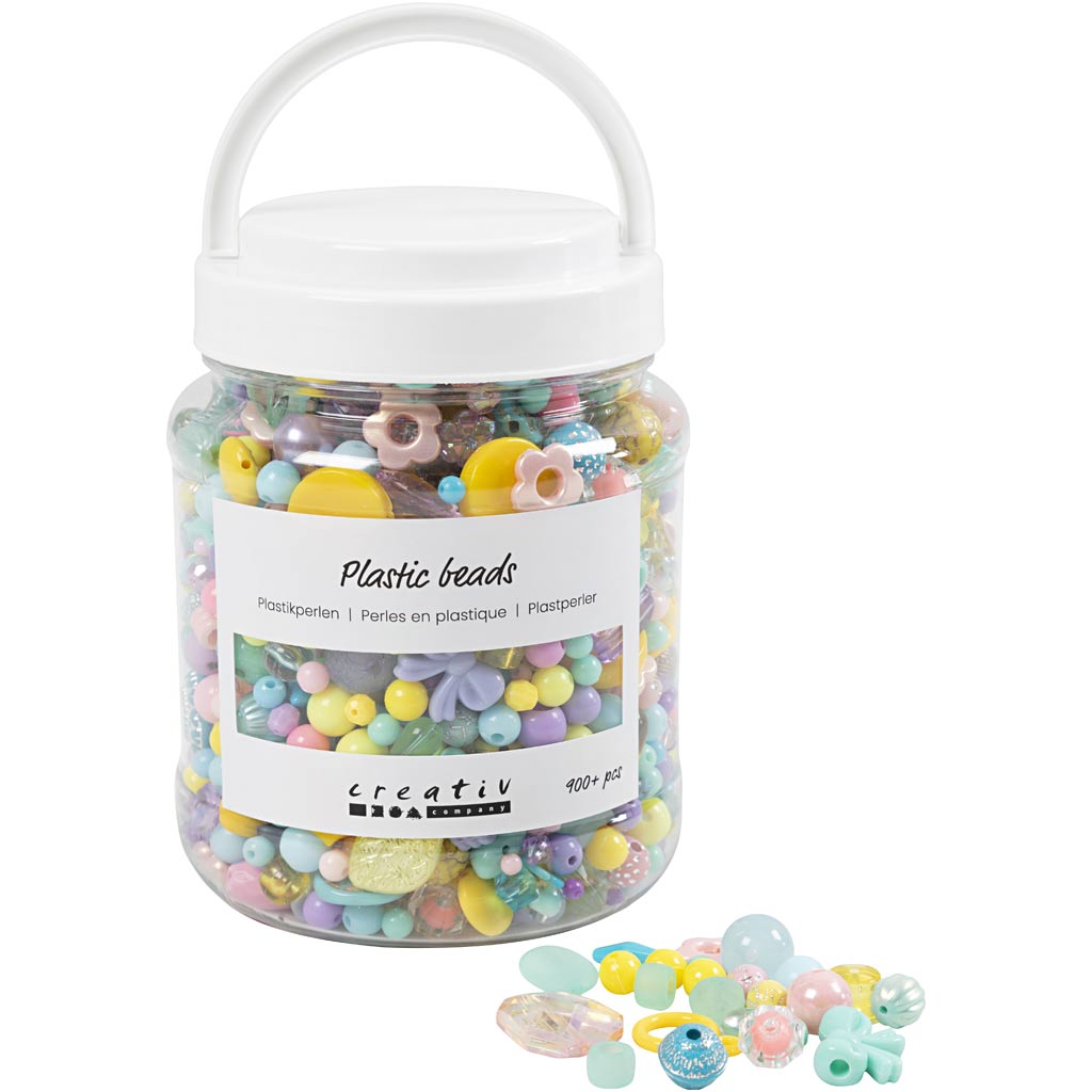 Plastperler, diam. 5-35 mm, hulstr. 1-8 mm, ca. 900 stk., ass. farver, 700 ml/ 1 ds.