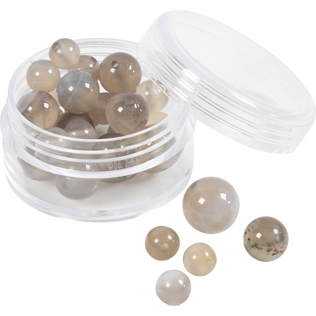Agat stenperler, diam. 6+8+10 mm, hulstr. 0,9-1 mm, transparent grå, 28 stk./ 1 pk. - Image 4
