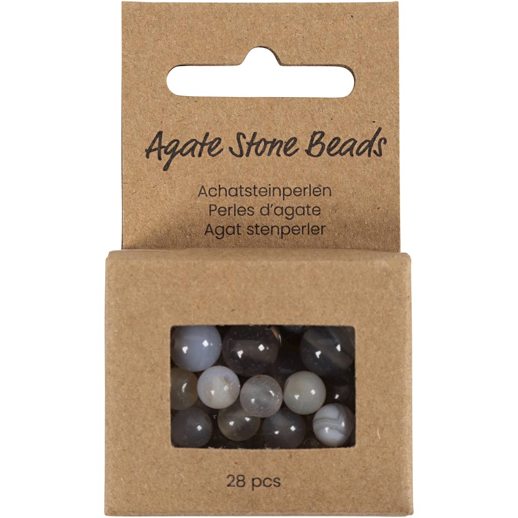 Agat stenperler, diam. 6+8+10 mm, hulstr. 0,9-1 mm, transparent grå, 28 stk./ 1 pk. - Image 2