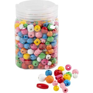 Træperler, diam. 5-28 mm, hulstr. 2,5-3 mm, ass. farver, 400 g/ 1 spand