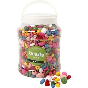 Træperler, diam. 5-28 mm, hulstr. 2,5-3 mm, ass. farver, 800 g, 2 l/ 1 spand