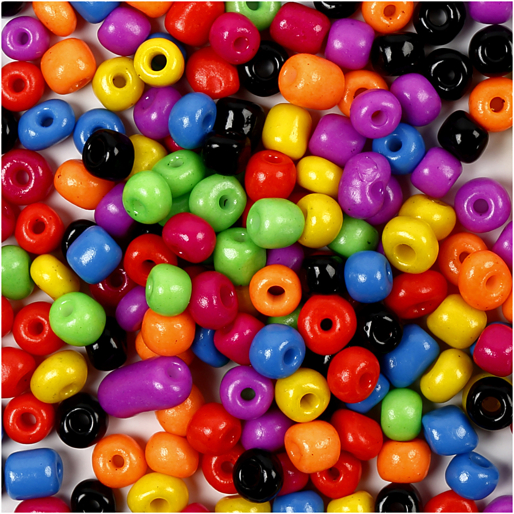 Rocaiperler, diam. 5 mm, str. 4/0, hulstr. 1,2 mm, stærke farver, 500 g/ 1 pk.