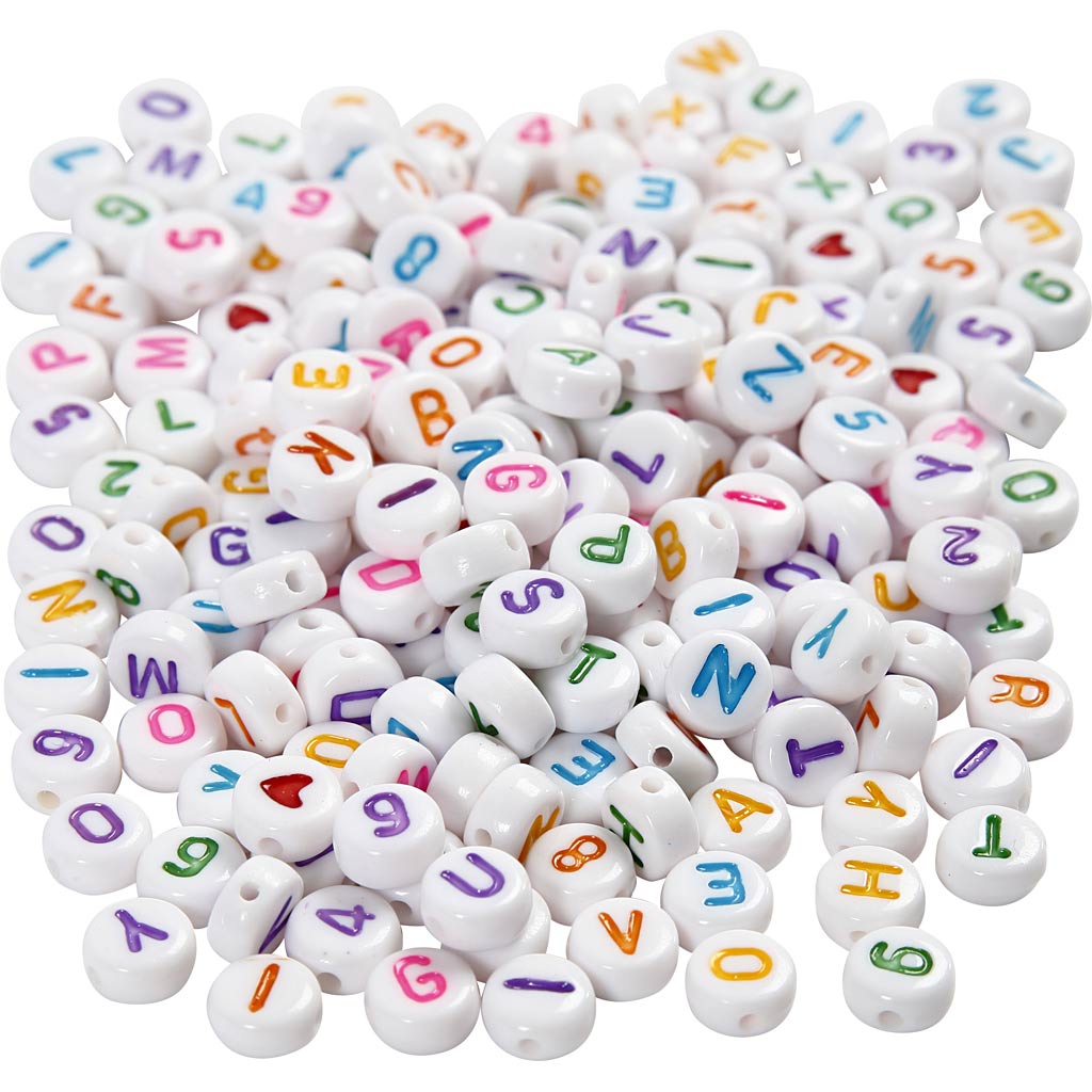 Bogstavperler, A-Ø, diam. 7 mm, hulstr. 1,2 mm, hvid, ass. farver, 165 g/ 1 pk.