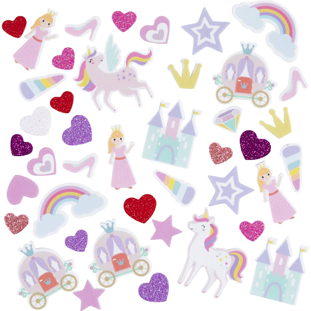 Mosgummi klistermærker, Hjerte, prinsesse, enhjørning, selvklæbende, str. 13-50 mm, lilla/pink harmoni, 150 stk./ 1 pk.