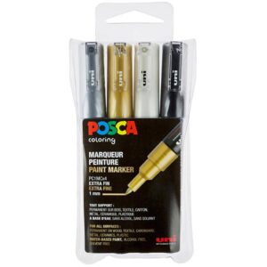 Sæt med Posca Tuscher, PC 1MC, nr. PC-1MC, sort, guld, sølv, hvid, 4 stk./ 1 pk.