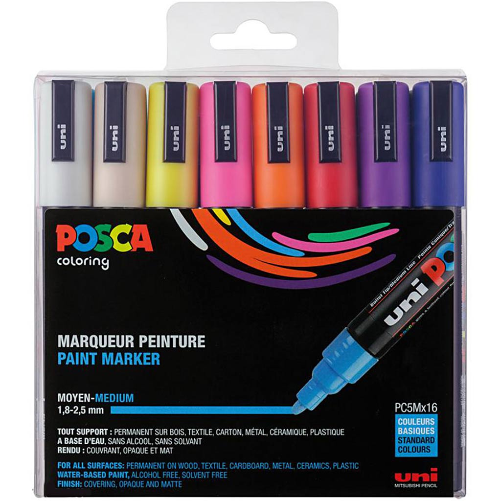 Sæt med Posca Tuscher, PC 5M, nr. PC-5M, standardfarver, 16 stk./ 1 pk.