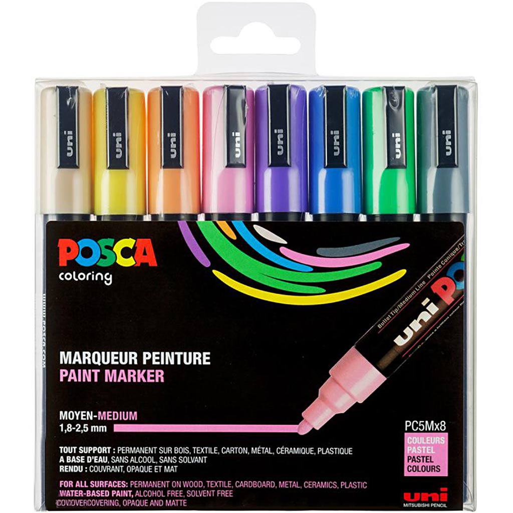 Sæt med Posca Tuscher, PC 5M, nr. PC-5M, pastelfarver, 8 stk./ 1 pk.
