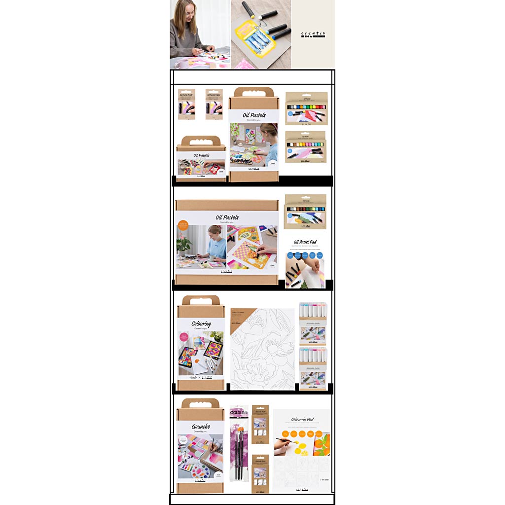 Gulvdisplay, samlet, Category, oliepastil og gouache voksen, H: 1580 mm, L: 600 mm, B: 400 mm, 127 enh./ 1 stk.