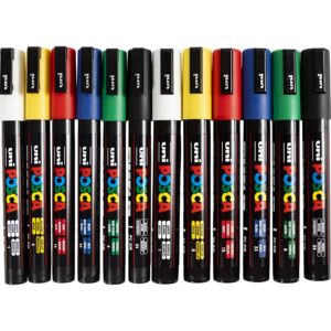 Posca Tusch, nr. PC-3M + PC-5M, streg 0,9-1,3+2,5 mm, fine,medium, ass. farver, 12 stk./ 1 pk.