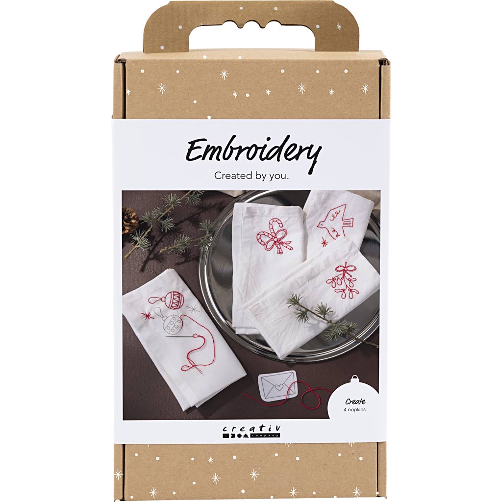 DIY Kit Broderi, Juleservietter, julerød, 1 pk.