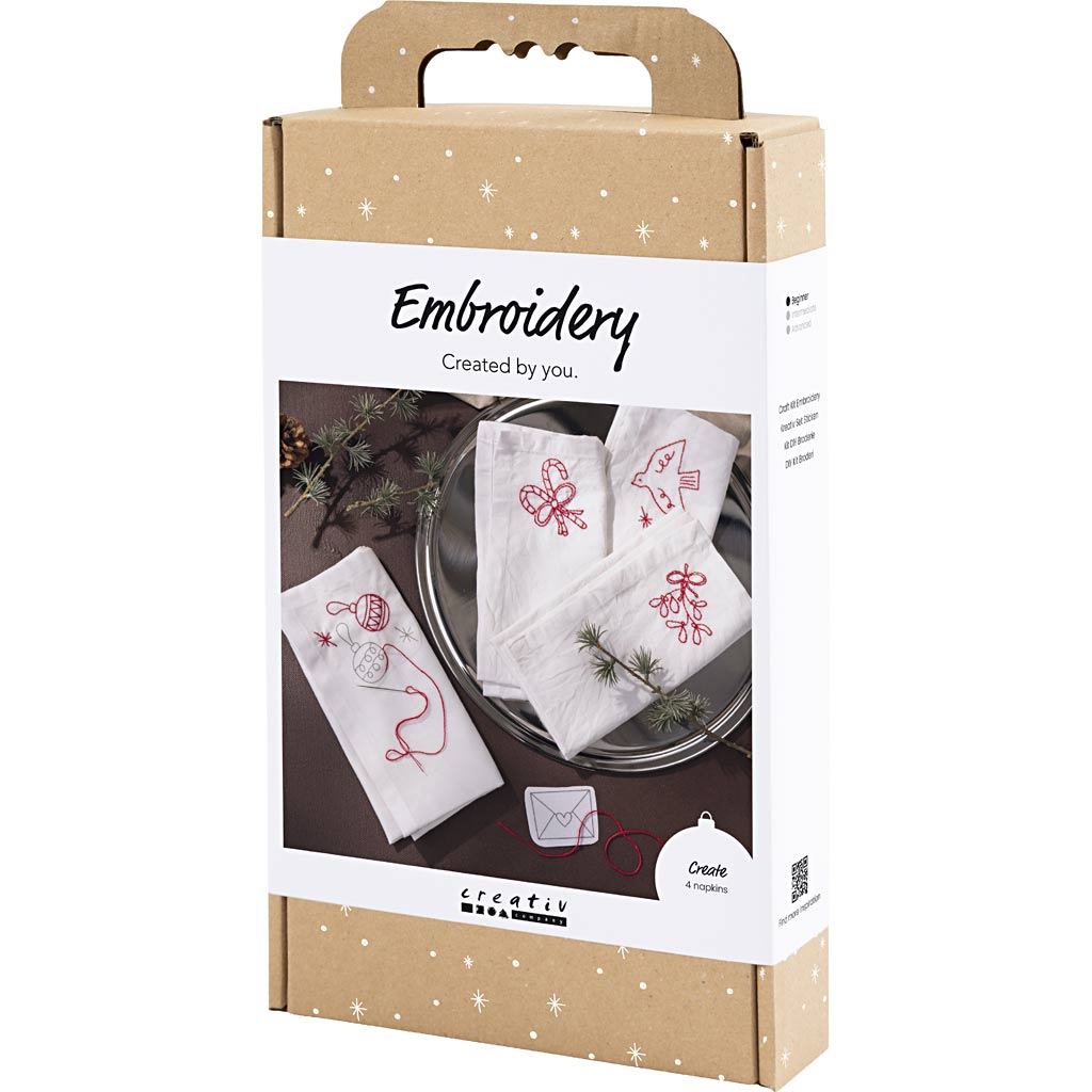 DIY Kit Broderi, Juleservietter, julerød, 1 pk. - Image 3