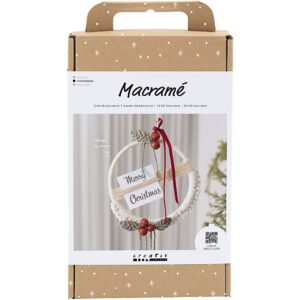 DIY Kit Macramé, Julekrans, mos grøn, julerød, råhvid, 1 pk.