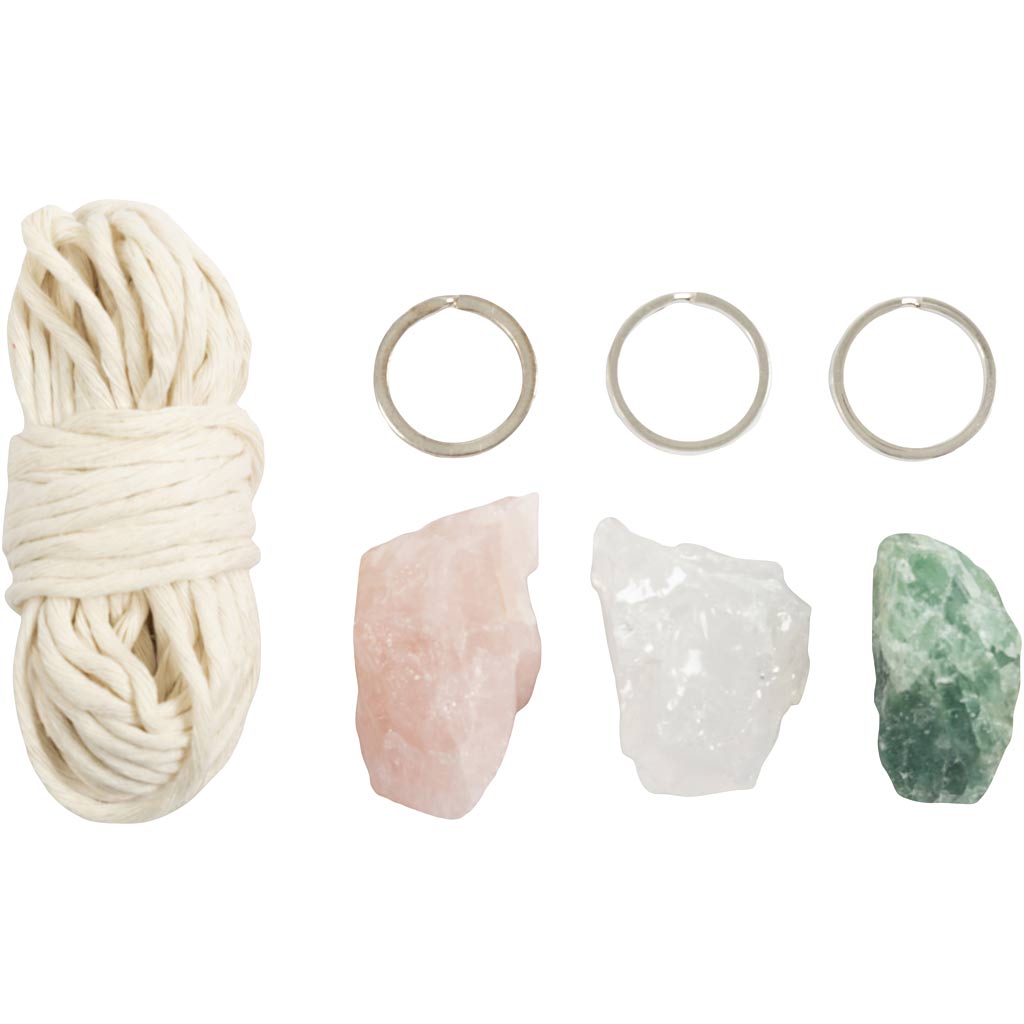 Mini DIY Kit Macramé, Nøglering, mat transparent, støvet grøn, sart rosa, lys natur, 1 pk. - Image 4