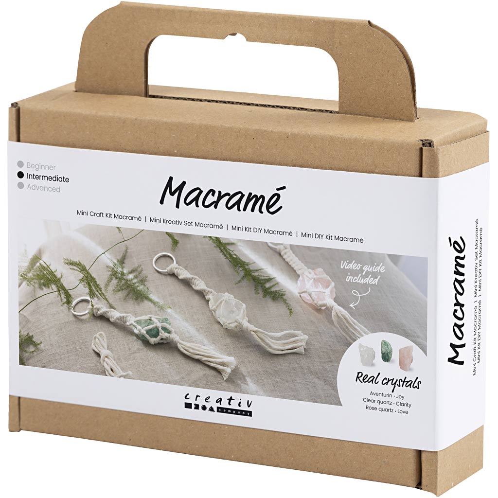 Mini DIY Kit Macramé, Nøglering, mat transparent, støvet grøn, sart rosa, lys natur, 1 pk. - Image 3