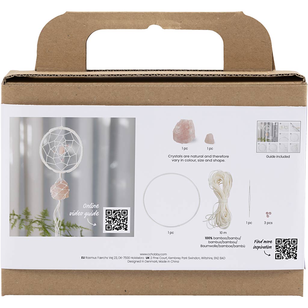 Mini DIY Kit Macramé, Drømmefanger med rosenkvarts krystal, lys rosa, hvid, 1 pk. - Image 2