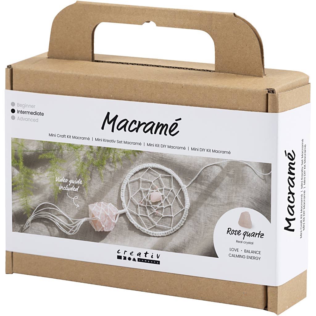Mini DIY Kit Macramé, Drømmefanger med rosenkvarts krystal, lys rosa, hvid, 1 pk. - Image 3